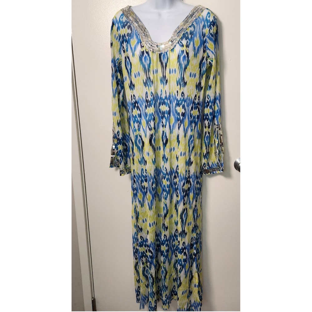 Inc International Concepts Ikat Print Sheer Maxi Dress M Kaftan Cover Up Sequins